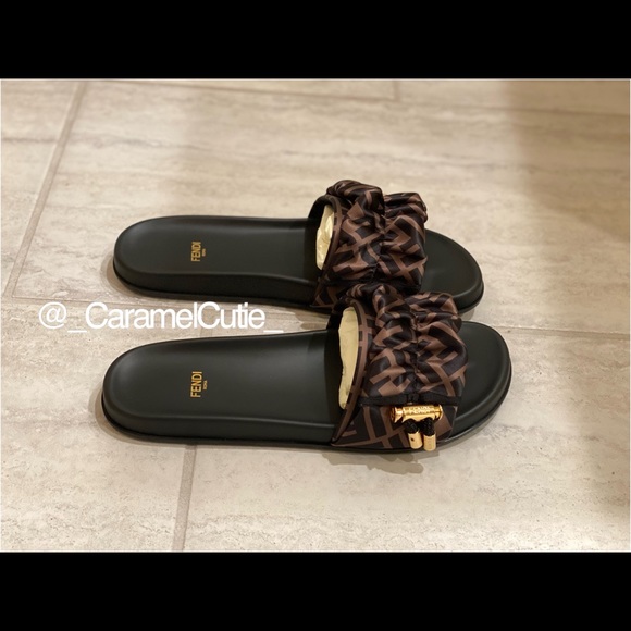 Fendi Brown and Black Logo Ruffled Slide Sandals